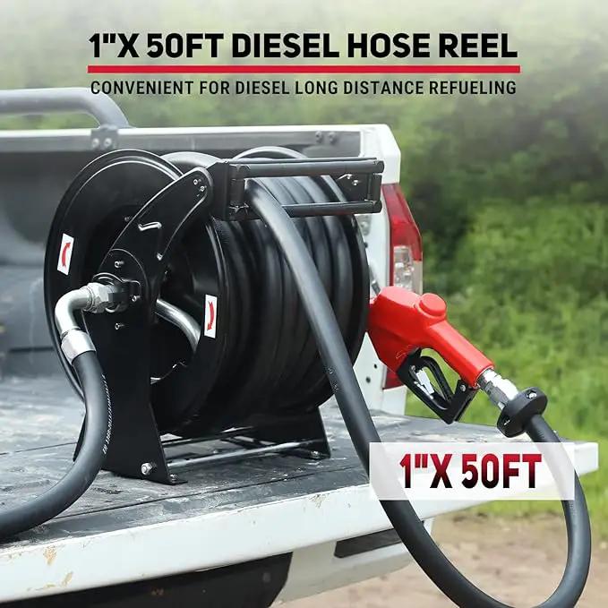 Retractable Fuel Hose Reel 1" x 50' with Fueling Nozzle, 300 PSI Heavy Duty Steel Construction Industrial Auto Swivel Spring Driven Diesel Hose Reel for Aircraft Ship Vehicle Tank Truck, Black by GreenHaven Gardens