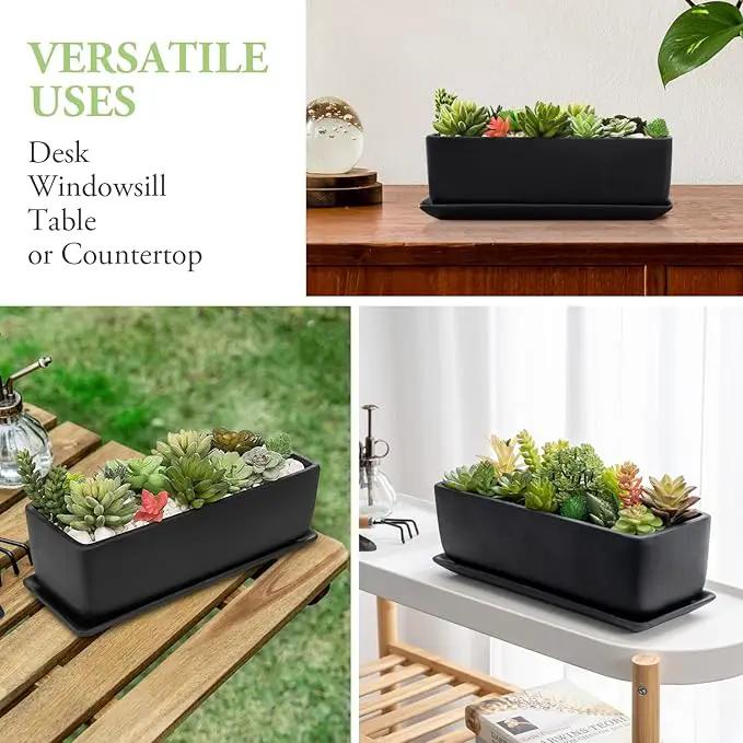 MyGift Matte Black Ceramic Indoor Plant Pot Succulent Planter, Decorative Flower Planter with Drainage Hole and Removable Tray (14 inch - 2 Pack) by GreenHaven Gardens