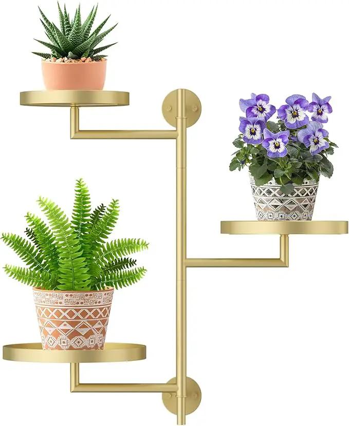 3-Tier Rotating Metal Window Plant Shelves Hanger, Wall-Mounted Gold Holder, Floating Shelf for Indoor Pots up to 6", Home Décor Gift for Plant Lovers by GreenHaven Gardens