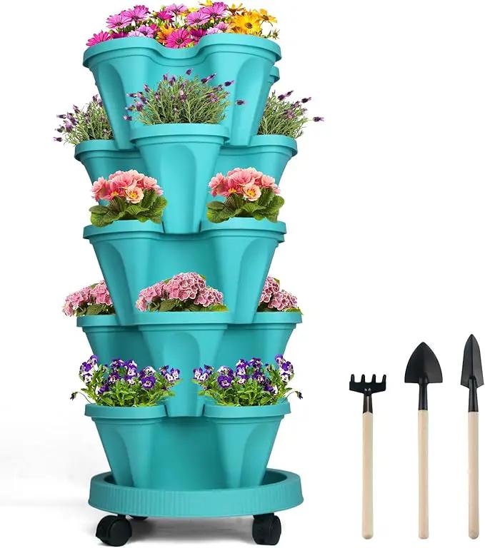 DUNCHATY Stackable Vertical Garden Planter with Wheels, 5 Tier Herb Planter Pots for Growing Vegetables and Succulents, Teal by GreenHaven Gardens