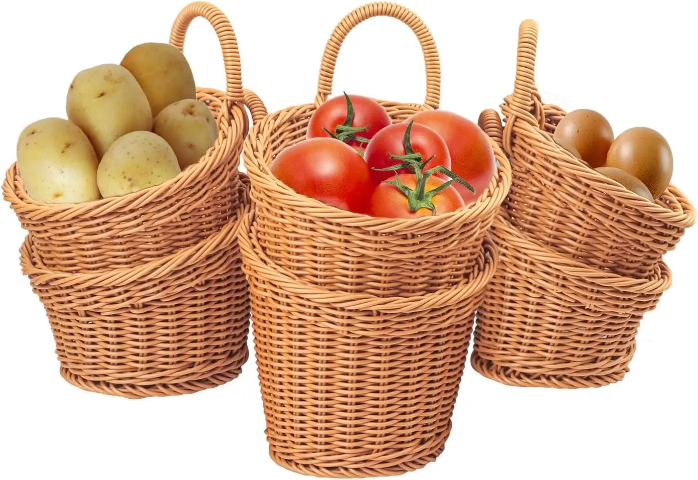6 Pack 3 Size Woven Hanging Fruit Basket, Wall Hanging Wicker Baskets, Wall fruit Wicker Basket for Kitchen, Planter, Vegetable & Fruit, Boho Home Decor by GreenHaven Gardens