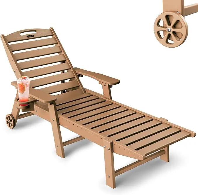 Lounge Chair Outdoor, Chaise Lounge, HDPE 6-Position Outdoor Chaise Lounge, Patio Lounge Chair with Wheels & Cup Holder for Pool Poolside Deck Backyard, Teak by GreenHaven Gardens