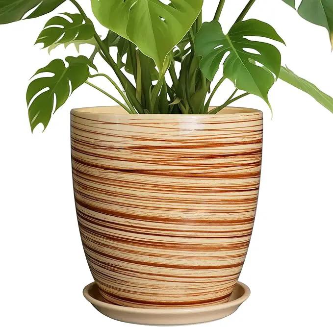 10 Inch Plant Pot Ceramic Pots for Plants with Drainage Hole and Saucer Round Flower Pot for Home Patio Garden Office Yellow by GreenHaven Gardens