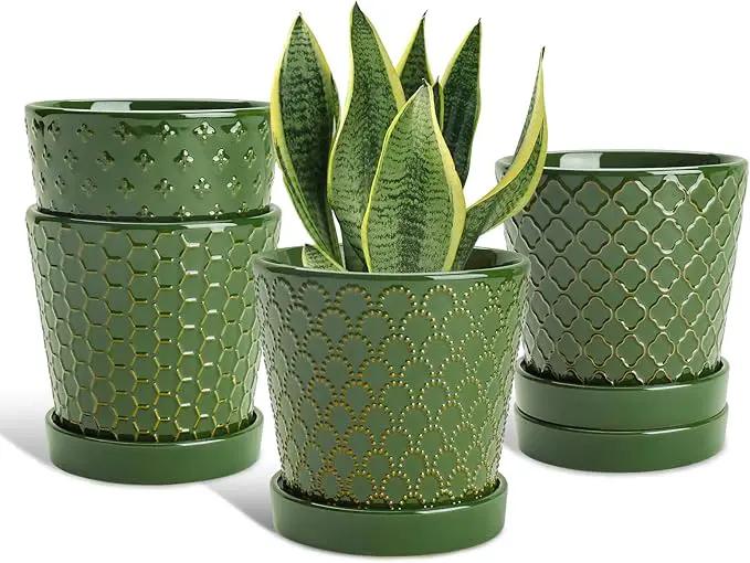 EFISPSS Ceramic Plant Pots, 5 Inch Planters with Drainage Holes and Ceramic Tray, Relief Design Flower Planter, Desktop Office Windowsill Decoration Gift Set of 4 - Blackish Green by GreenHaven Gardens