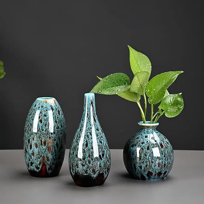 Ceramic Bud Vase Set, Fambe Blue Glazed Finish, Decorative Flower Vases (Blue-Set of 3) by GreenHaven Gardens