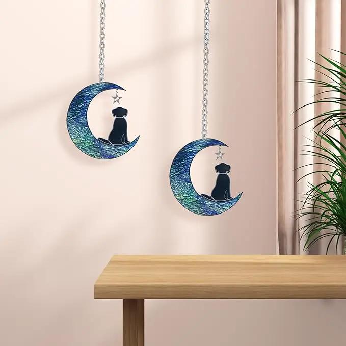 Dog Decor Stained Glass Moon Suncatchers Window Hanging, Wall Art Element Earth Tones Modern Design Home Garden Suncatcher, Dog Lovers for Halloween Decor (Moon Dog) by GreenHaven Gardens