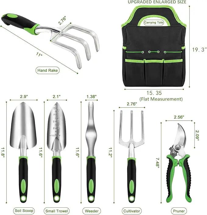 Garden Tool Set with Non Slip Rubber Grip,8 Piece Stainless Steel Gardening Tool Sets,Heavy Duty Outdoor Hand Tools Durable Storage Tote Bag,Uprooting Weeding Tool, Gifts for Women Men Green by GreenHaven Gardens