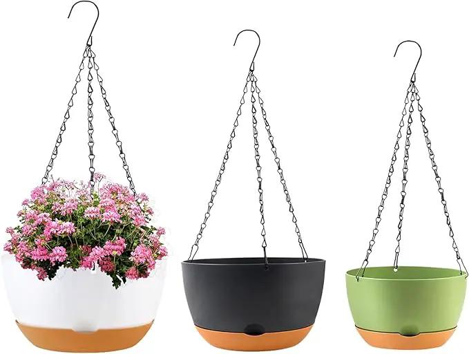 8/10/12 inch Hanging Planters for Indoor Outdoor Plants with Self-Watering Pots, 3 Pack Plastic Hanging Basket with Removable Tray for Home Garden Porch Balcony Patio Decor(White+Black+Green) by GreenHaven Gardens