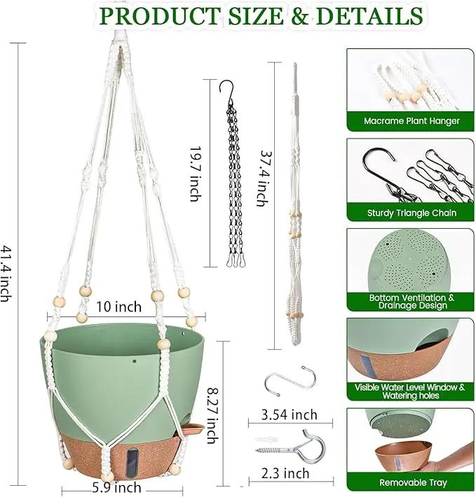 10 Inch Hanging Planters for Indoor Plants, 2 Pack Self Watering Hanging Baskets Flower Pots with Drainage Hole, Visual Reservoir & 2 Kinds of Plant Hanger for Outdoor Garden Home Decor by GreenHaven Gardens