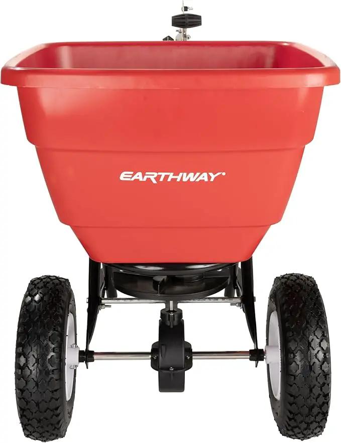 EarthWay Products T150 150lb Towable Broadcast Fertilizer Spreader, Seed Spreader, Pull Behind Aerator/Seeder for Garden Tractor, Easy Flow Control, Adjustable, Non-Skid Tires by GreenHaven Gardens