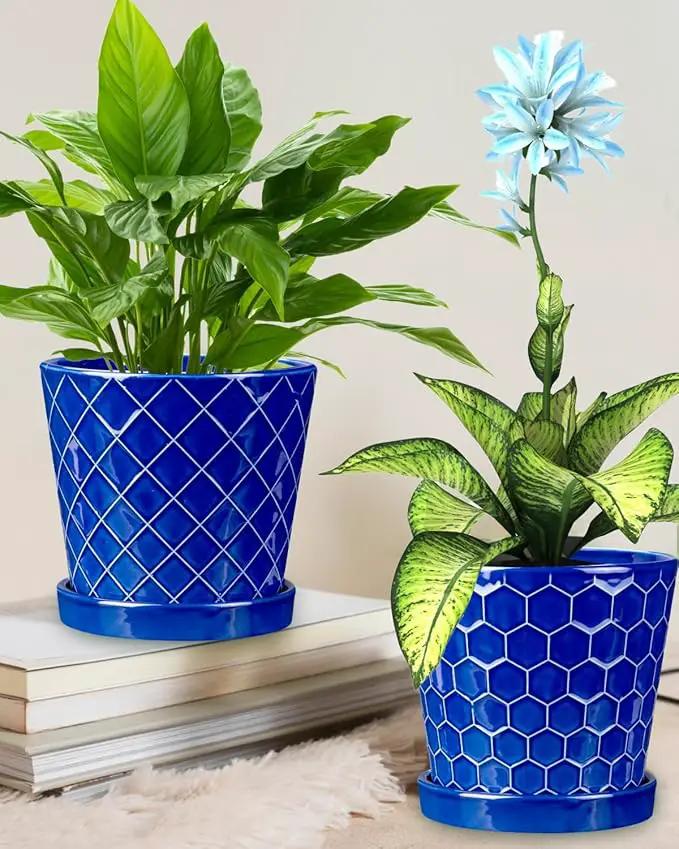 EFISPSS 6 Inch Pots for Indoor Plants,Ceramic Plant Pots,Planters with Drainage Hole and Saucer, Flower Pots Desktop Office Windowsill Decoration Gift Set of 2 - Sapphire Blue by GreenHaven Gardens