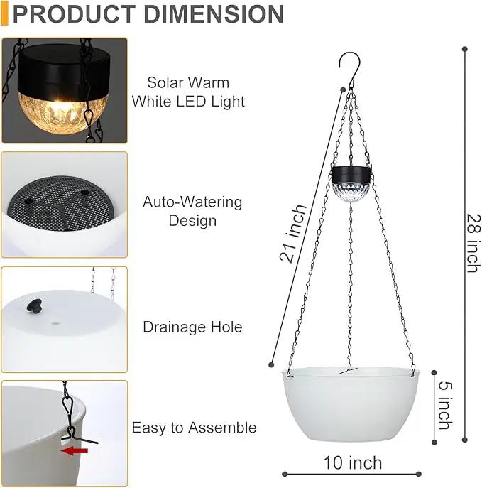 2 Packs Hanging Planters Basket for Outdoor Plants, Solar Powered Self Watering White Round Plastic Flower Pots with Drainer for Balcony Patio Garden Outdoor Decoration by GreenHaven Gardens