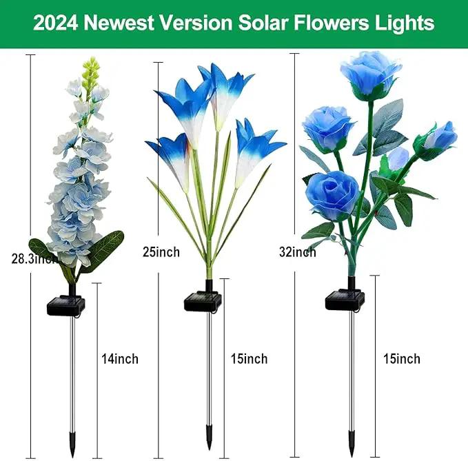 Solar Flowers Lights, 6 Pack Lily Rose Delphinium, Waterproof Gardening Gifts for Mom Grandma Women, Multi-Color Changing Outdoor Lights for Garden Yard Patio Lawn by GreenHaven Gardens