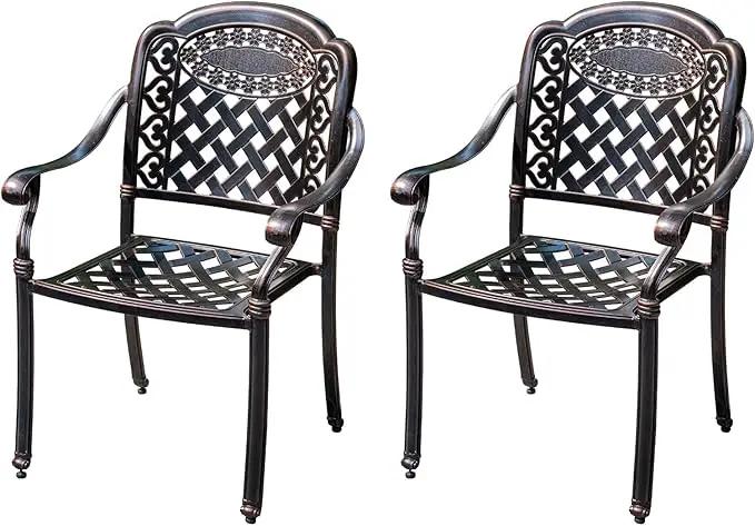 Outdoor Dining Chair Cast Aluminum Patio Chairs Set of 2 All-Weather Patio Dining Chair with Adjustable Feet for Backyard Garden (Slanted Grid Square Chair) by GreenHaven Gardens