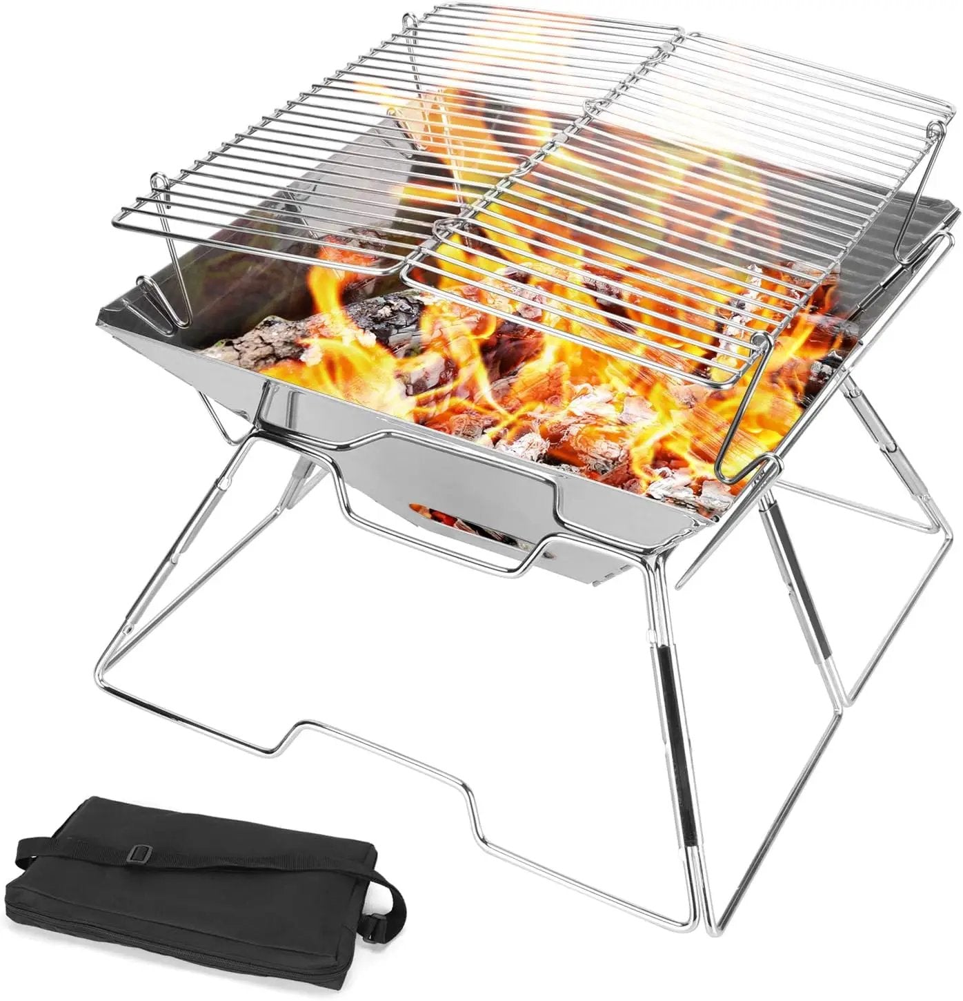 Odoland Folding Campfire Grill, 304 Stainless Steel Grate Barbeque Grill, Portable Camping Grill with Legs for Picnics, Backpacking, Outdoor with Carrying Bag and Kitchen Tongs by GreenHaven Gardens