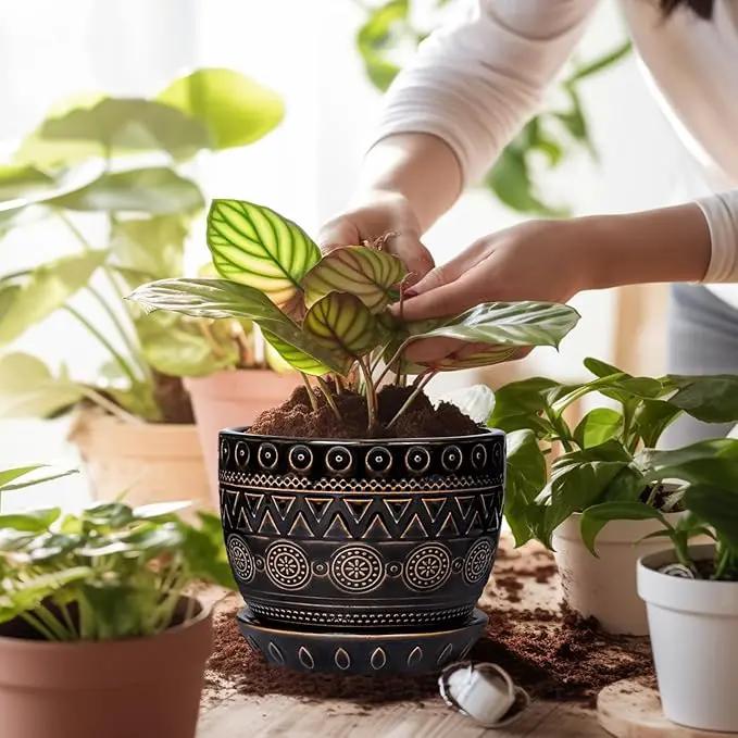 G EPGardening 5.5 Inch Ceramic Planter - Ceramic Plant Pot for Indoor Outdoor Plants, Boho Round Flower Pot with Drainage Hole and Saucer, Gifts for Plant Lovers, Office Garden Home Decor, Black by GreenHaven Gardens