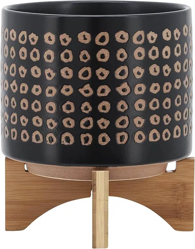 Sagebook Home 9.25" H 8" Diameter Natural Sand and Deep Brown Glazed Ceramic Dotted Planter on Brown Rubberwood Stand for Indoor and Outdoor Decorating by GreenHaven Gardens