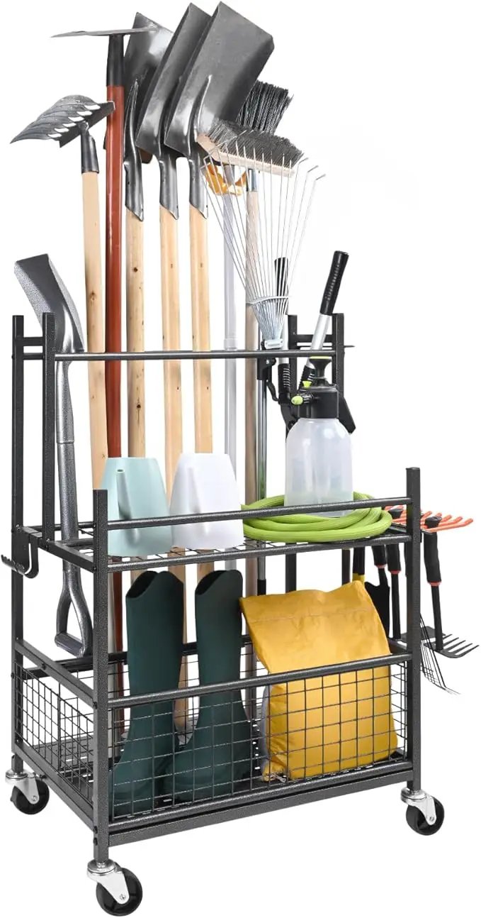 VEVOR Garden Tool Organizer, 16 Slots with Hooks, Yard Tool Tower Rack with Wheels for Garage Organization and Storage, Hold Long-Handled Tool/Rake/Broom, Metal Tool Stand Holder for Shed, Outdoor by GreenHaven Gardens