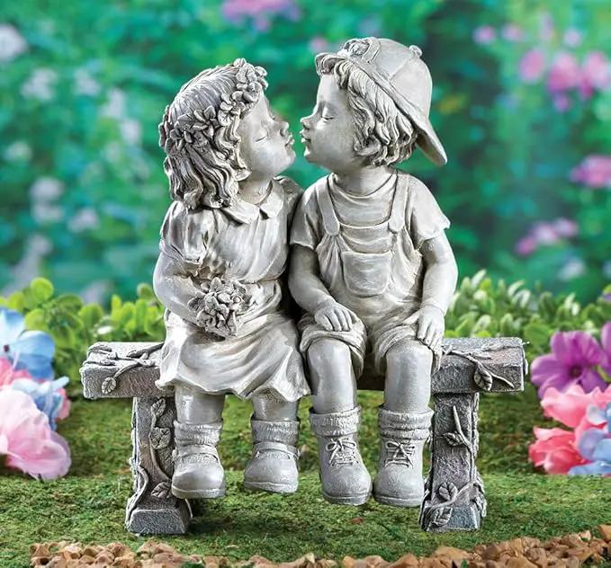 Collections Etc First Kiss, Puppy Love, Kissing Couple Garden Sculpture, 8 1/4" L x 4 3/4" W x 9" H by GreenHaven Gardens