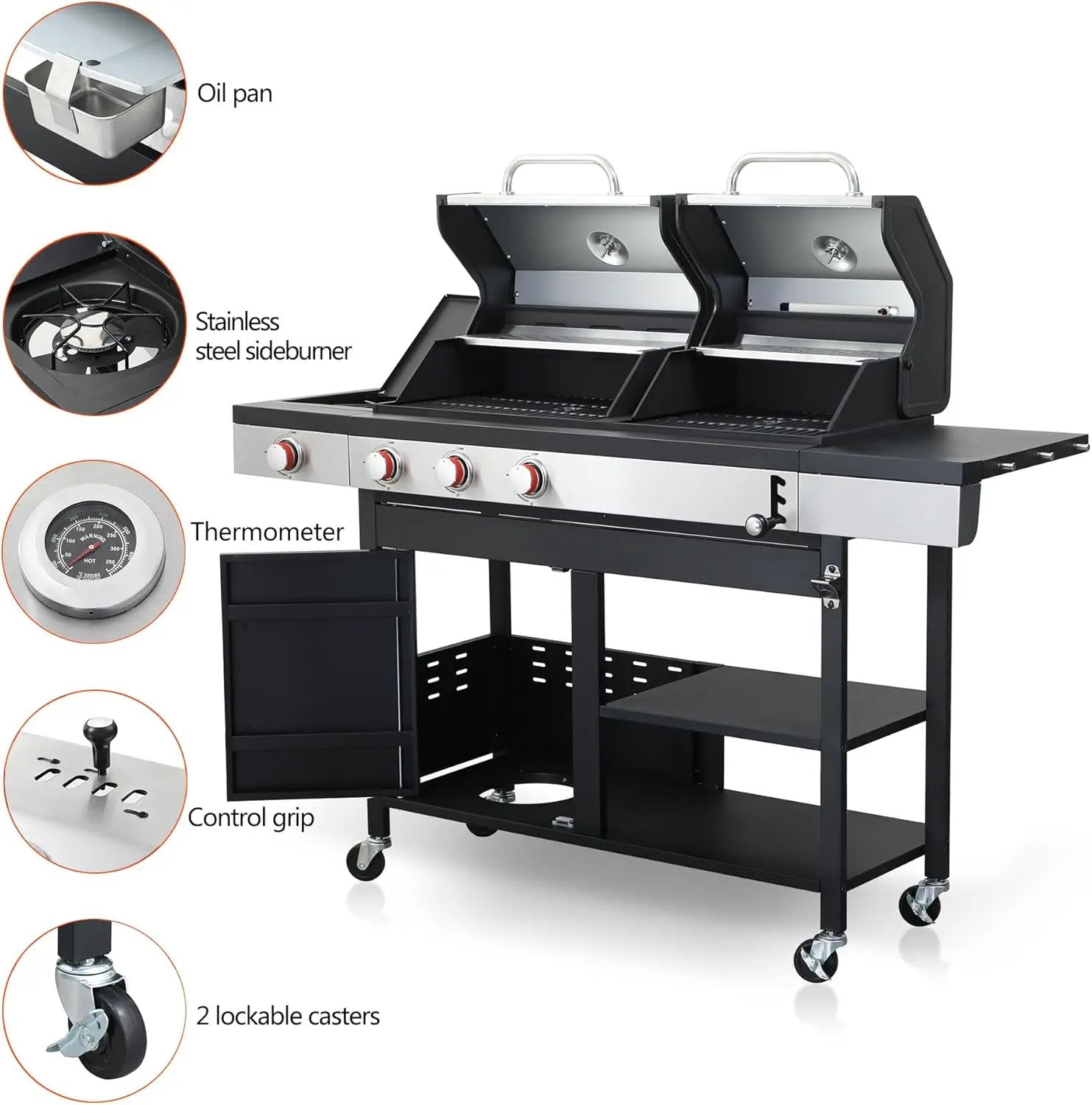 3-Burner Propane Gas BBQ Grill with Side Burner and Charcoal Grill Combo, 37,230 BTU, Enameled Cast Iron Grates, Stainless Steel Outdoor Grill for Patio and Backyard by GreenHaven Gardens