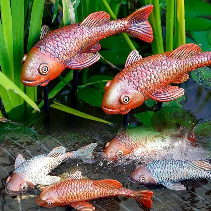 Antique Ceramic Koi Fish Garden Statues - Set of 2 | Exquisite Fish Sculptures for Outdoor, Patio, Pond, and Garden Decorations (Brassy) by GreenHaven Gardens