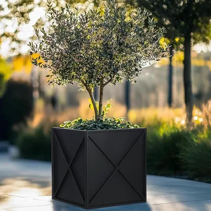 Metal Square Planter Box Tall Planters for Outdoor Plants Modern Heavy Duty with Drainage Holes for Outside Indoor Patio Deck - Black, 17”x 17”x 18” by GreenHaven Gardens