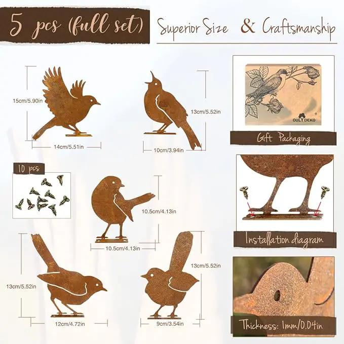 5PCS Rusty Birds Decoration, Metal Birds Yard Decor, Metal Birds Craft Statue Ornaments - Garden Sculptures and Yard Art, Fence Decorations Outdoor by GreenHaven Gardens