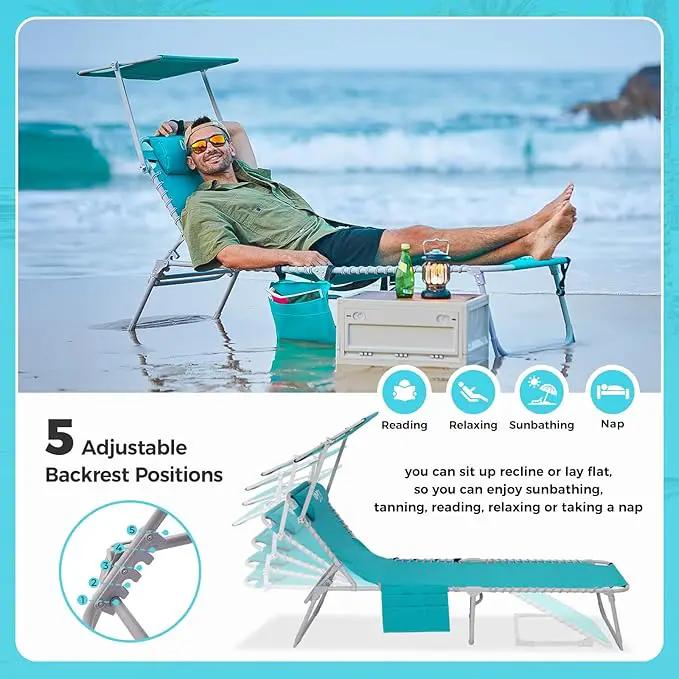 #WEJOY Folding Tanning Chair with Canopy Shade, Portable Adjustable 5-Position Patio Chaise Lounge with Pillow & Storage Pocket for Lay Flat Outdoor Lawn Backyard Beach Camping Pool (Cyan) by GreenHaven Gardens