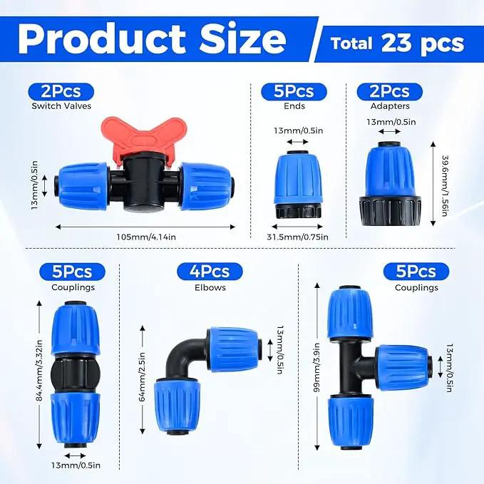 Drip Irrigation Fittings Kit for 1/2 Inch Tubing, 24 PCS 1/2" ID x 0.6-0.63" OD 16 mm Drip Anti-drop Barbed Locked Nut Connectors - 5 Tees, 5 Couplings, 2 Switch Valves, 5 End Cap, 5 Elbows, 2 Adapter by GreenHaven Gardens
