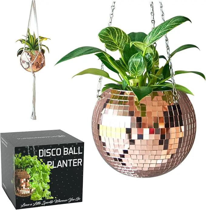 SCANDINORDICA Disco Ball Planter – Value Package: Mirror Disco Planter with Chain, Macrame Hanger and Acrylic Stand for Desk, Includes Self Watering Insert, Plant Gifts | 8 inch Rose Gold by GreenHaven Gardens