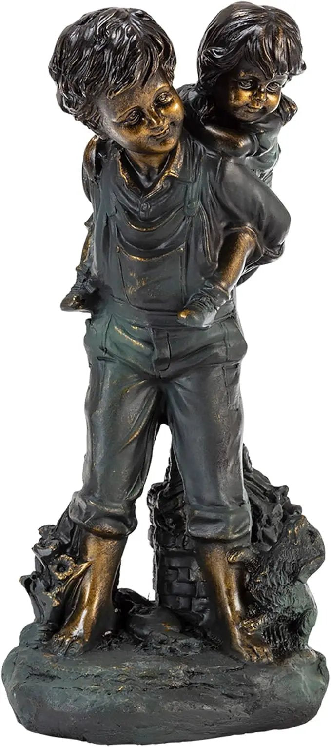 Alpine Corporation 16" Tall Indoor/Outdoor Patina Finish Piggyback Kids Yard Statue Decoration by GreenHaven Gardens