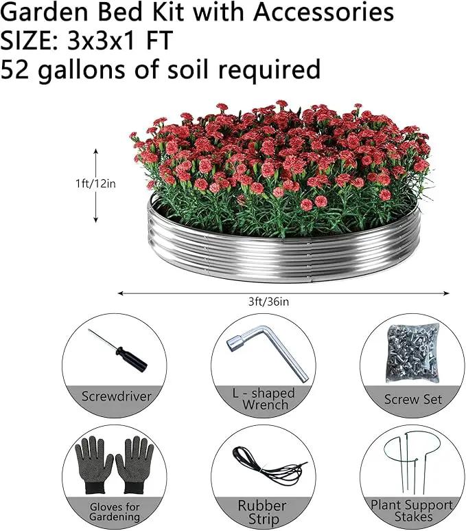 Galvanized Metal Planter Round Raised Garden Bed Kit for Gardening Outdoor，3x3x1ft 2 Grow Garden Box Raised Flower Bed，Round Galvanized Planter Outdoor Large Metal Fire Pit Ring by GreenHaven Gardens
