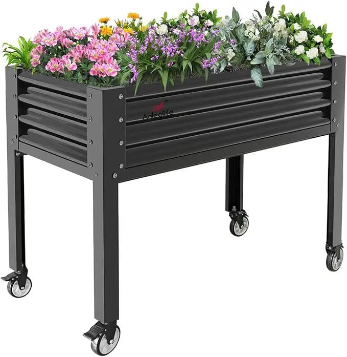 A ANLEOLIFE Galvanized Raised Garden Bed with Legs,48x24x35in Large Elevated Planter Box on Wheels with Drainage Holes for Backyard, Balcony, Patio, 600lb Capacity, Quartz Grey by GreenHaven Gardens