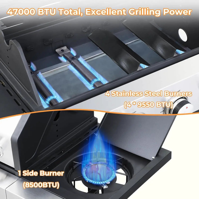 4 Burner Gas Grill with Side Burner, Dual-sided Frying Pan, Built-in Thermometer, Wheels, Side Table, Stainless Steel Burner, 47,000 BTU Outdoor Grill for Patio, Garden, Balcony by GreenHaven Gardens