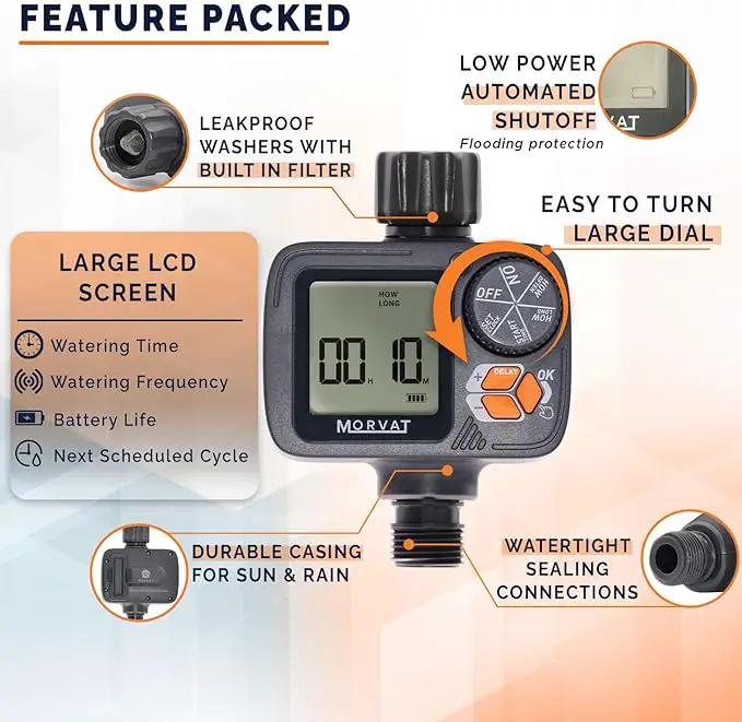 Morvat Sprinkler Timer Outdoor, Garden Hose Faucet Water Timer with Rain Delay, Programmable Automatic/Manual Modes, Watering Irrigation Timer System + Teflon Tape, 2 Spare Washers & 2 Filter Washers by GreenHaven Gardens