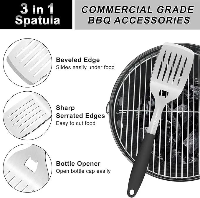 BBQ Grilling Accessories, 3Pcs Stainless Steel Grill Tools Accessories Set with Spatula, Fork and Tongs, Barbecue Utensils Grilling Tools for Outdoor Camping, Heat-Resistant Silicone Handle by GreenHaven Gardens