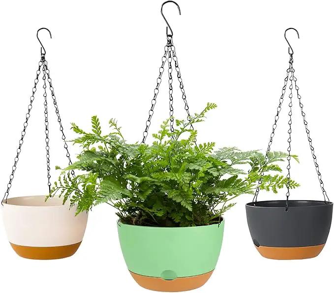 Bevgems 3 Pack 8.26 Inch Hanging Planters, Plastic Self-Watering Hanging Flower Plant Pot, Decorative Flower Pot Holder with Drainage Holes & Removable Tray for Indoor Outdoor Plants,Flowers, Herbs by GreenHaven Gardens