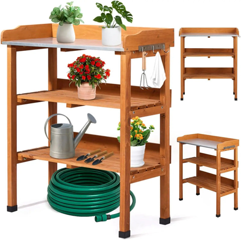 Outdoor Potting Bench Garden Work Station, Solid Wood Planting Table w/Sink Drawer Shelves,Metal Top, Folding Patio Furniture for Porch Balcony (29.1 x 14.2 x 35.6(Orange Yellow)) by GreenHaven Gardens
