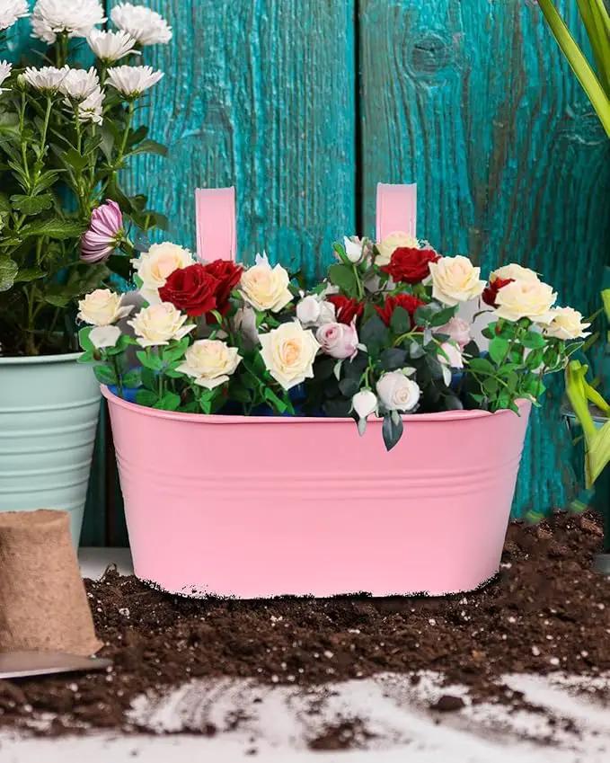 vensovo Metal Railing Planter for Outdoor Plants - 3 Pack Balcony Hanging Flower Pots with Detachable Hooks and Drain Holes Oval Bucket Rail Box Fence Planters for Home Garden Decor, Purple Pink Blue by GreenHaven Gardens