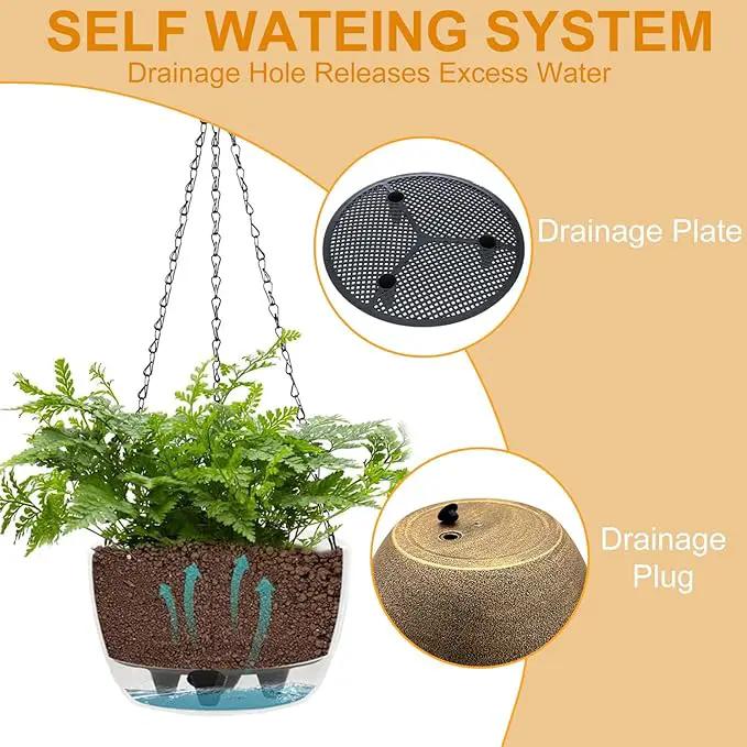 2 Packs Hanging Planters Basket for Outdoor Plants, Solar Powered Self Watering Copper Round Plastic Flower Pots with Drainer for Balcony Patio Garden Outdoor Decoration by GreenHaven Gardens