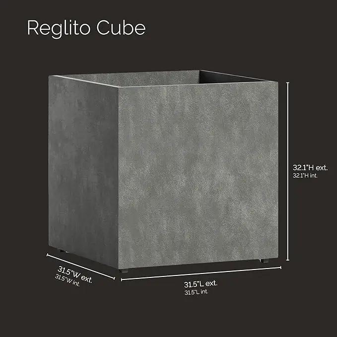 Reglito Cube Planter – Fiberglass Indoor/Outdoor and Weather-Resistant Large Planter (Grey Stone, 31.5" L x 31.5" W x 32.1" H) by GreenHaven Gardens
