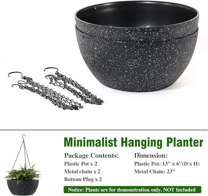 WOUSIWER 13 inch 2Pack Large Hanging Planters for Outdoor Indoor Plants with Drainage Holes and Chain, Round Hanging Flower Pots for Garden Home Porch Decor, Black Speckles by GreenHaven Gardens