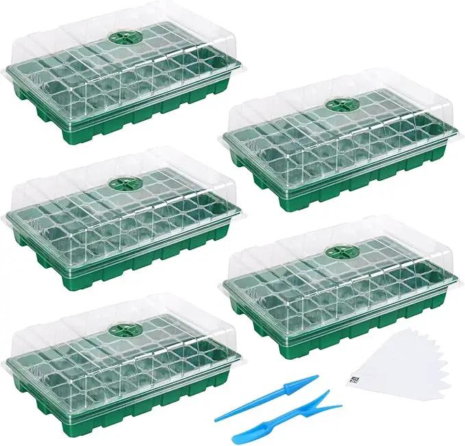 MIXC Seedling Trays Seed Starter Tray, 5-Pack Mini Propagator Plant Greenhouse Grow Kit with Humidity Vented Domes and Base for Seeds' Starting (40 Cells Per Tray, Total 200 Cells), Green by GreenHaven Gardens