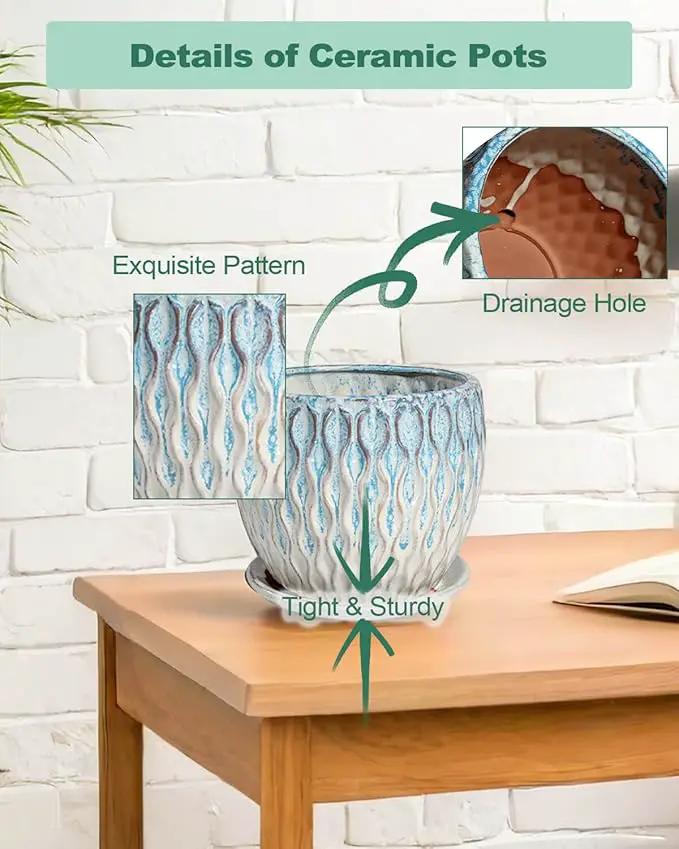 vensovo 7.5 Inch Ceramic Plant Pot with Drainage Holes and Saucer - Large Round Orchid Pot for Indoor Repotting, Ceramic Planter Maintain Air Circulation, Blue by GreenHaven Gardens