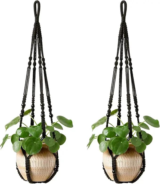 Mkono Macrame Plant Hanger Indoor Hanging Planter Basket with Wood Beads Decorative Flower Pot Holder No Tassels for Indoor Outdoor Boho Home Decor 35 Inch, Black, Set of 2 (POTS NOT Included) by GreenHaven Gardens