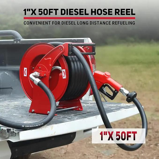 Fuel Hose Reel 1" x 50FT Extra Long Retractable Diesel Reel 300 PSI Auto Swivel Rewind Diesel Hose Reel with Fueling Nozzle Industrial Carbon Steel for Vehicle Tank Truck Trailer Ship, Red by GreenHaven Gardens