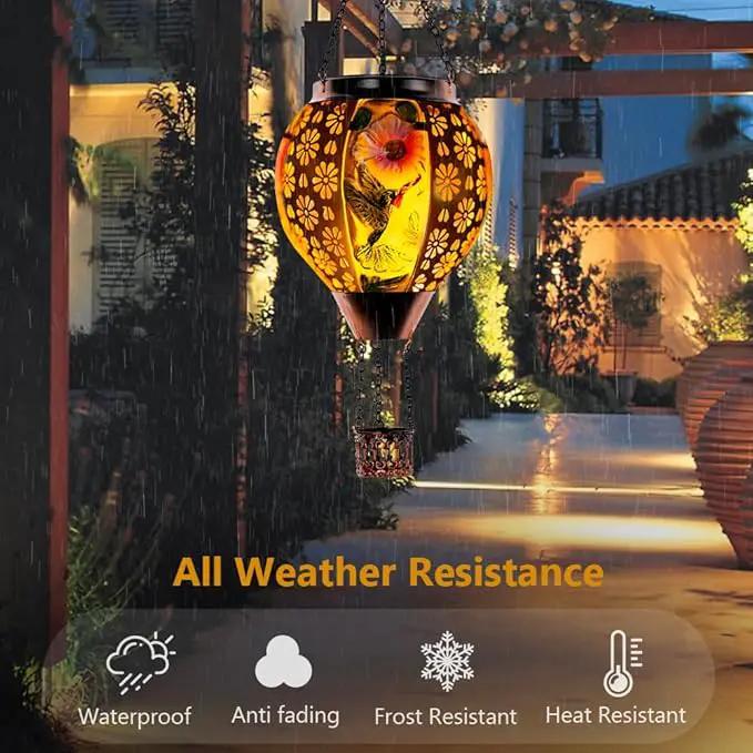 DREAMSOUL Hummingbird Hot Air Balloon Solar Lantern, Metal & Glass Flickering Flame Light Solar Lantern, Hanging Waterproof Solar Lanterns Outdoor for Garden Patio Tree Decoration Christmas Gifts by GreenHaven Gardens