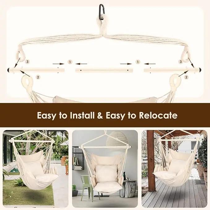 Highwild Hammock Chair Hanging Rope Swing - Max 500 Lbs - 2 Cushions Included - Steel Spreader Bar with Anti-Slip Rings - for Any Indoor or Outdoor Spaces (Beige) by GreenHaven Gardens