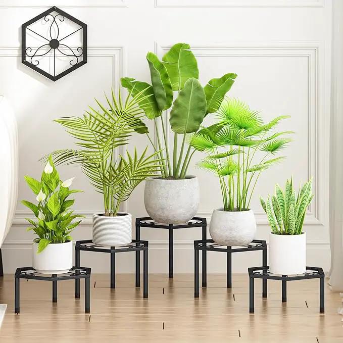 Small Metal Plant Stand indoor - 5 Pack Black Short Flower Pot Stand, Heavy Duty Anti-Rust Iron Shelf for Outdoor Home Patio Garden by GreenHaven Gardens