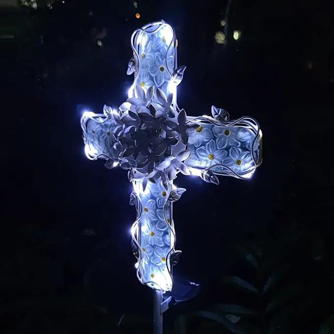 38Inch Solar Cross Garden Lights Outdoor Decorative - Solar Metal&Glass Cross White Hydrangea Flower Stake Lights- Waterproof 20 Warm White LED for Remembrance Gifts & Sympathy Gifts. by GreenHaven Gardens